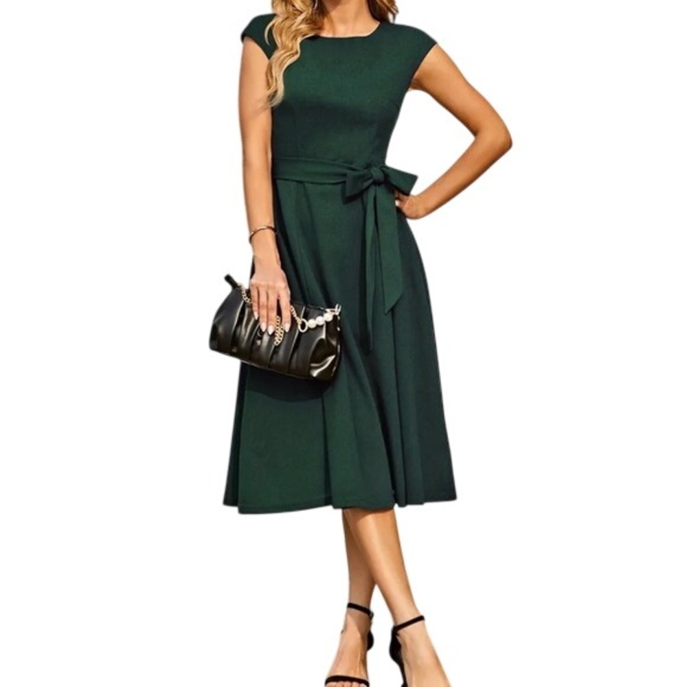 Dress Tells Hunter Green A Line Midi Cap Sleeve Belted Dress Women's Large